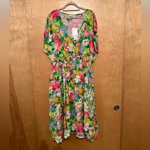 Proud Poppy Pink and Green Floral Ruffled Wrap Sundress